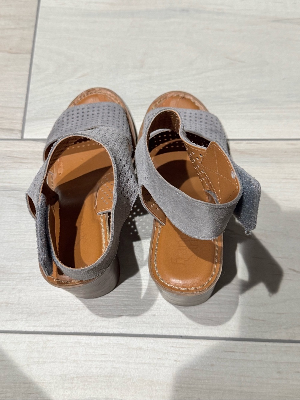 Franco Sarto Gray Suede Block Heel Sandals with Tan Footbed